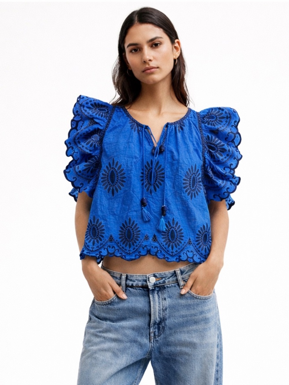 NWOT Sea New York Lee Embroidery Eyelet Tank w/ flutter sleeves, blue size 2